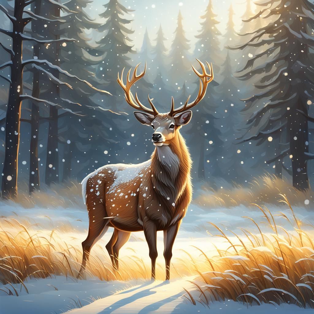 Majestic Deer in Golden Winter Wonderland