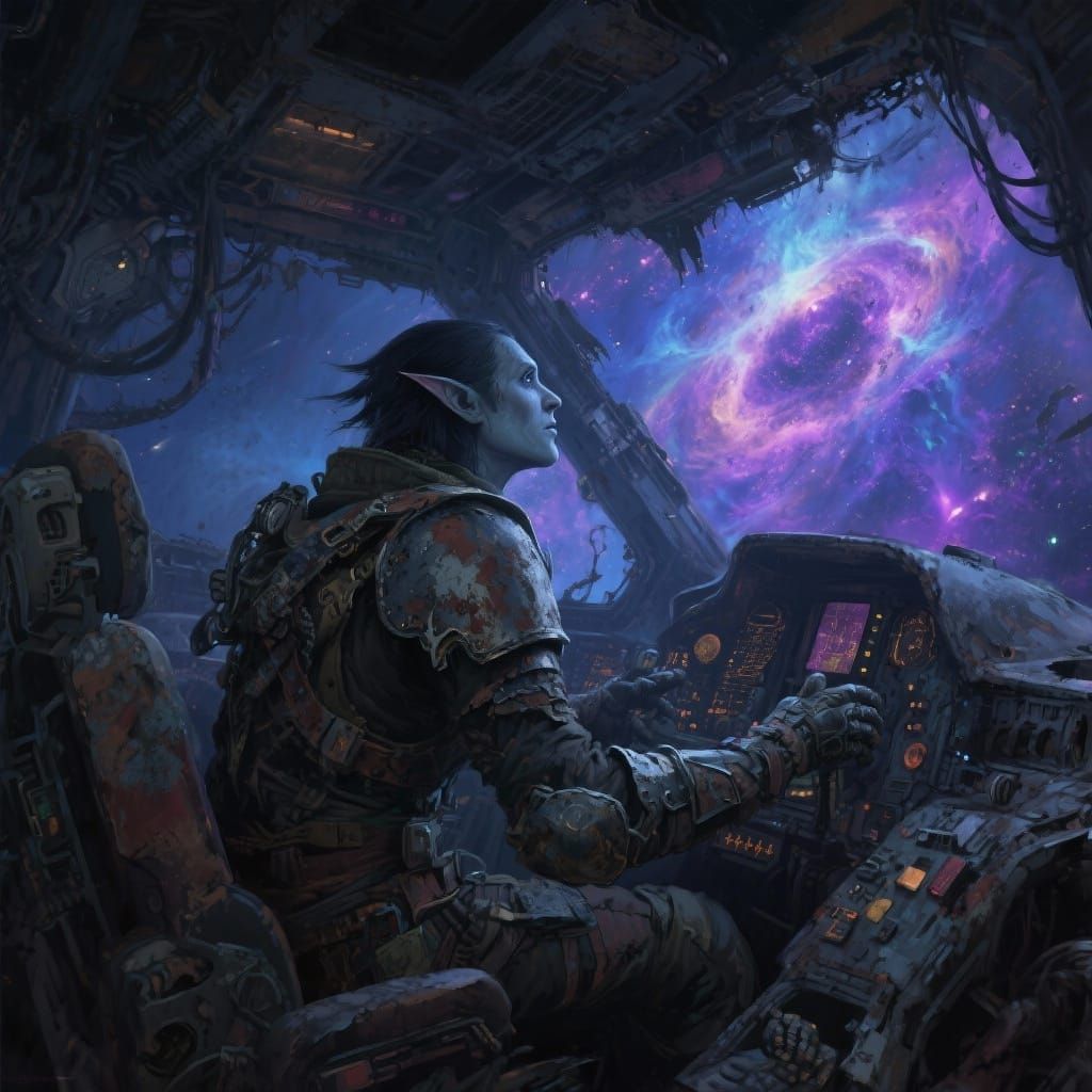 Drow Explorer Views Nebula from Derelict Spaceship