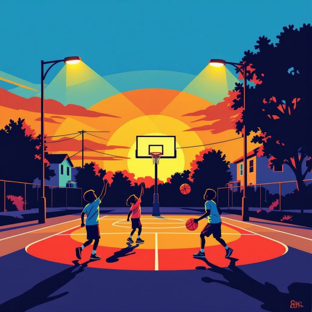 Sunset Basketball: Bauhaus-Inspired Pop Art in Triadic Color...