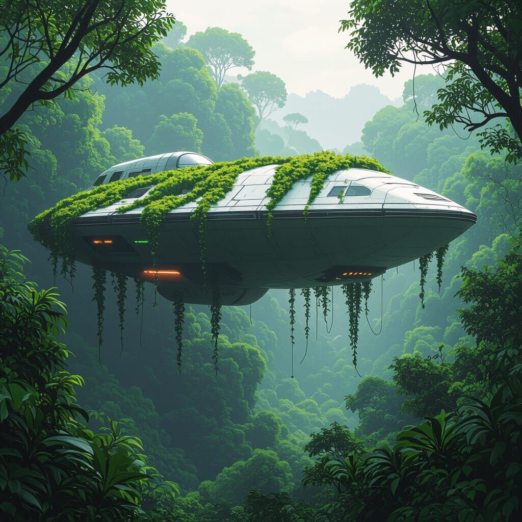 Vine-Covered Spaceship Over Forest: Retro-Futuristic Concept...