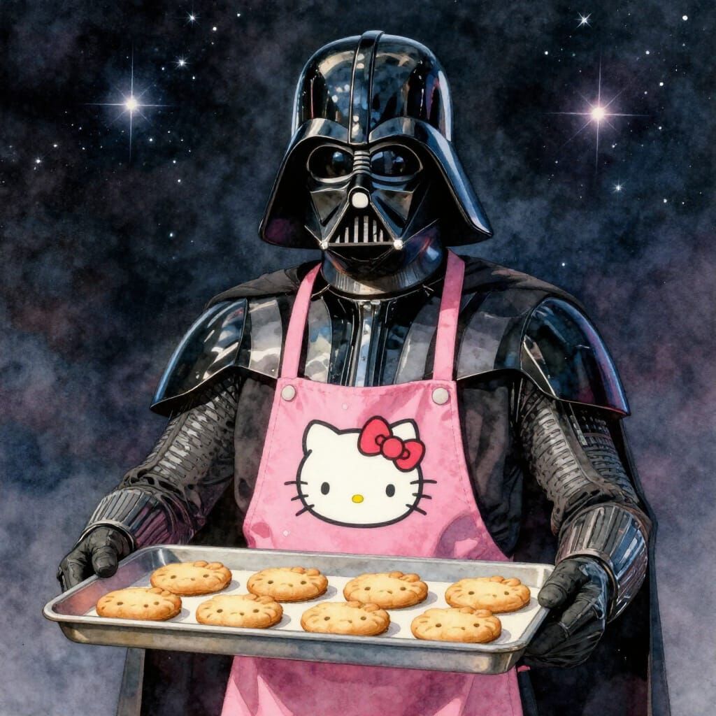 Darth Vader Baking Cookies in Watercolor Style
