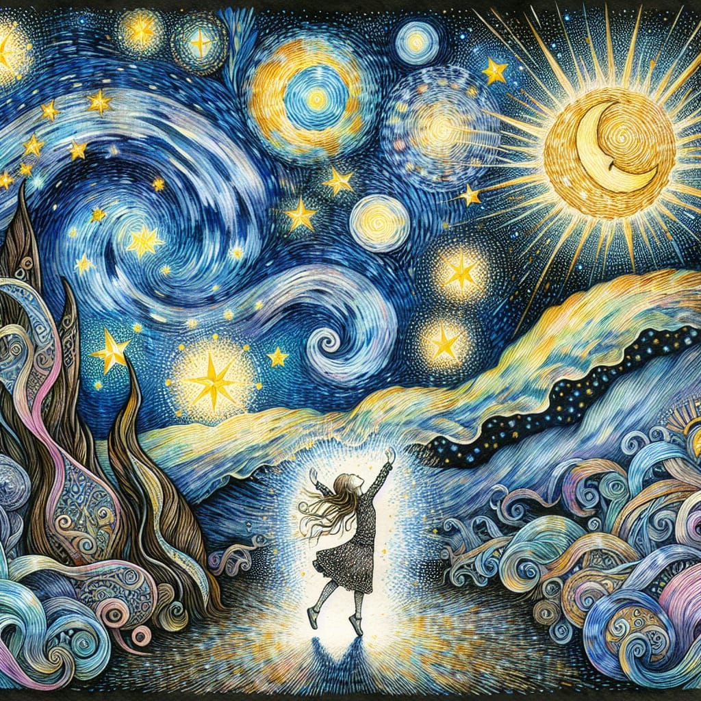 Girl Catches the Moon: A Watercolor in Van Gogh Style