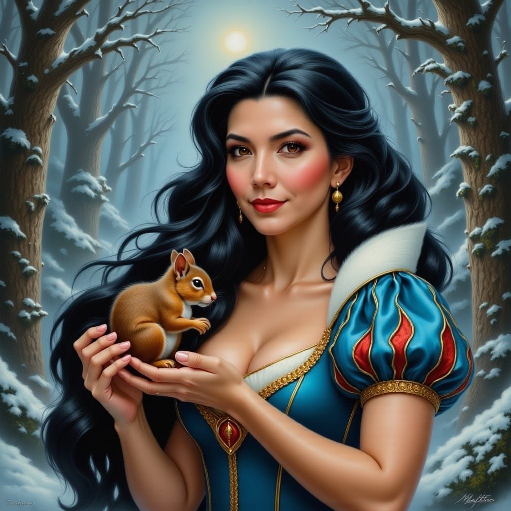 Hispanic Snow White and Squirrel in Disney Style