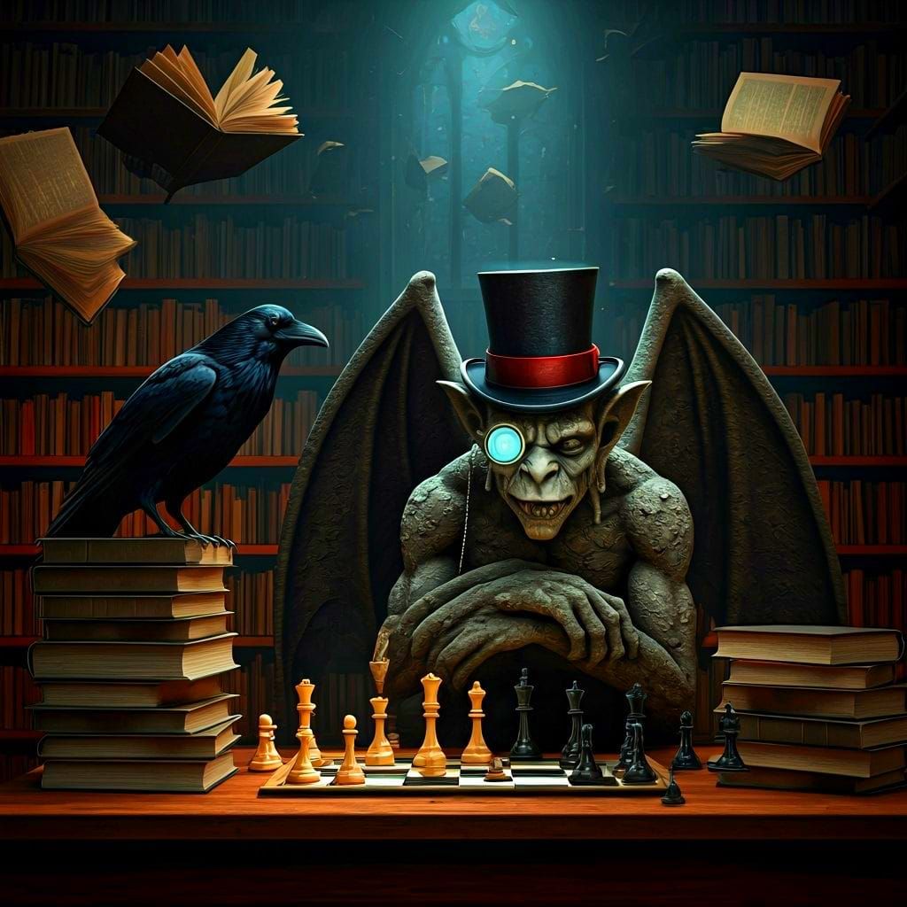 Surrealism. Medium shot. A Gargoyle  wearing a top hat and m...