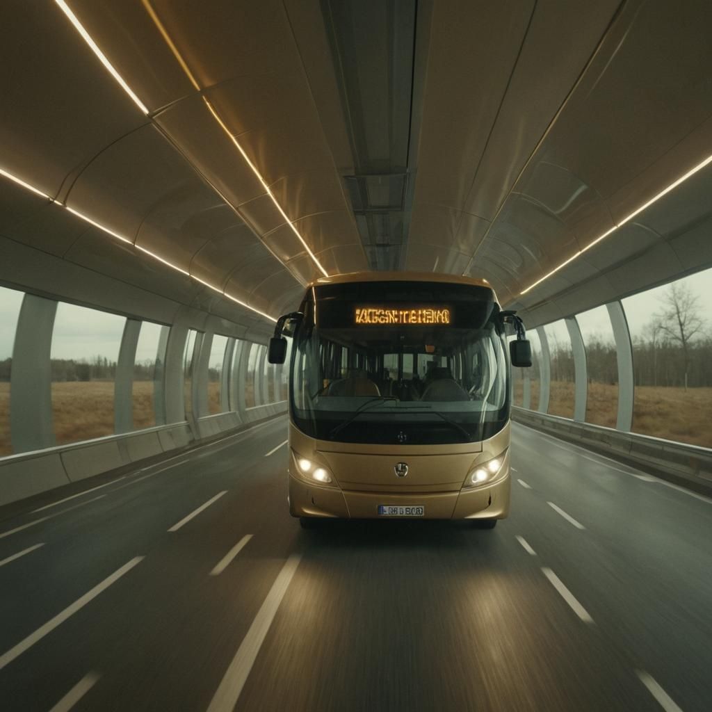 Futuristic Bus Glides Smoothly in Cinematic Still