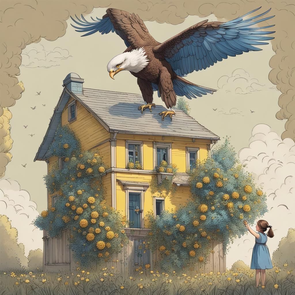 Girl and Giant Eagle in Flower Garden