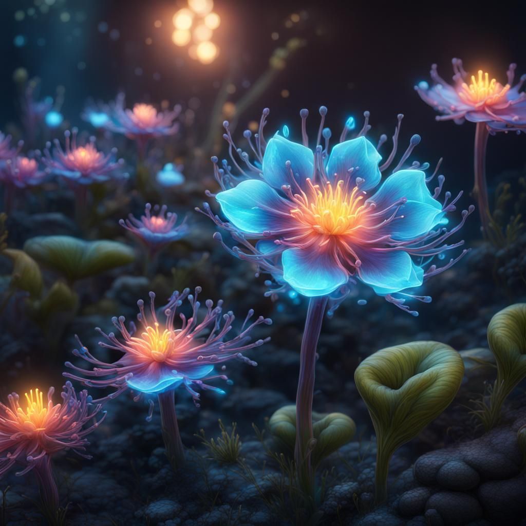 Bioluminescent Flower in Neon Watercolor Style