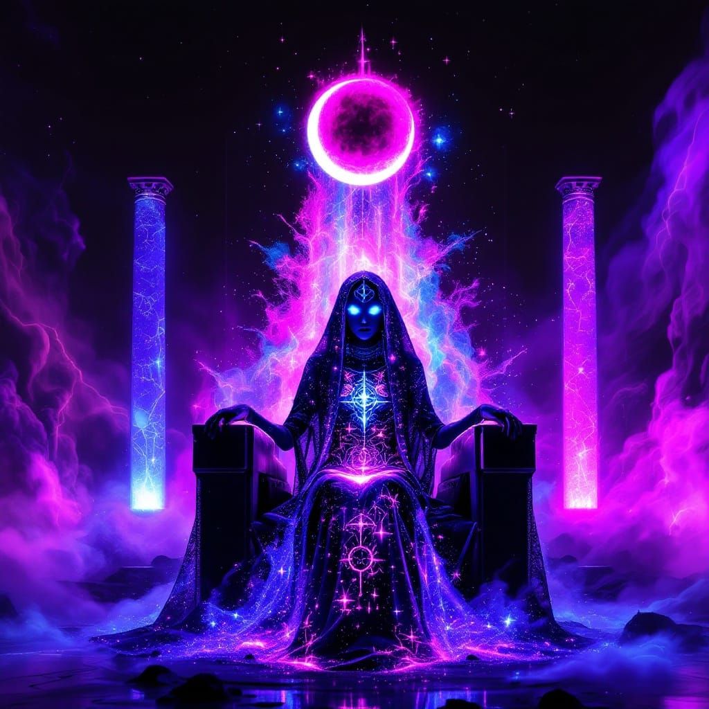 Ethereal Mystic Unveils Cosmic Secrets in Neon Dreamscape