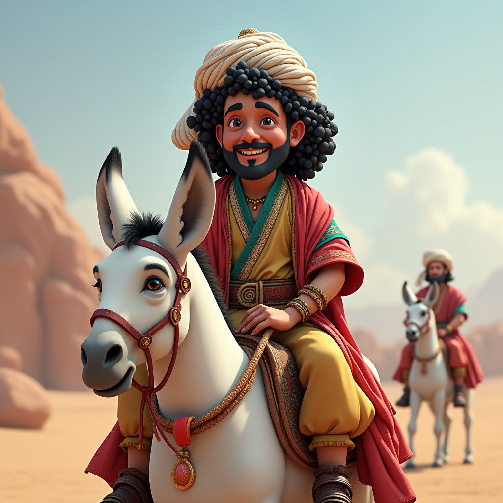 Jovial Arab Gentleman Riding a Donkey in Fantasy Style