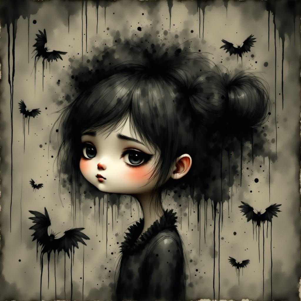 Goth Punk Girl Portrait in Art Brut Style