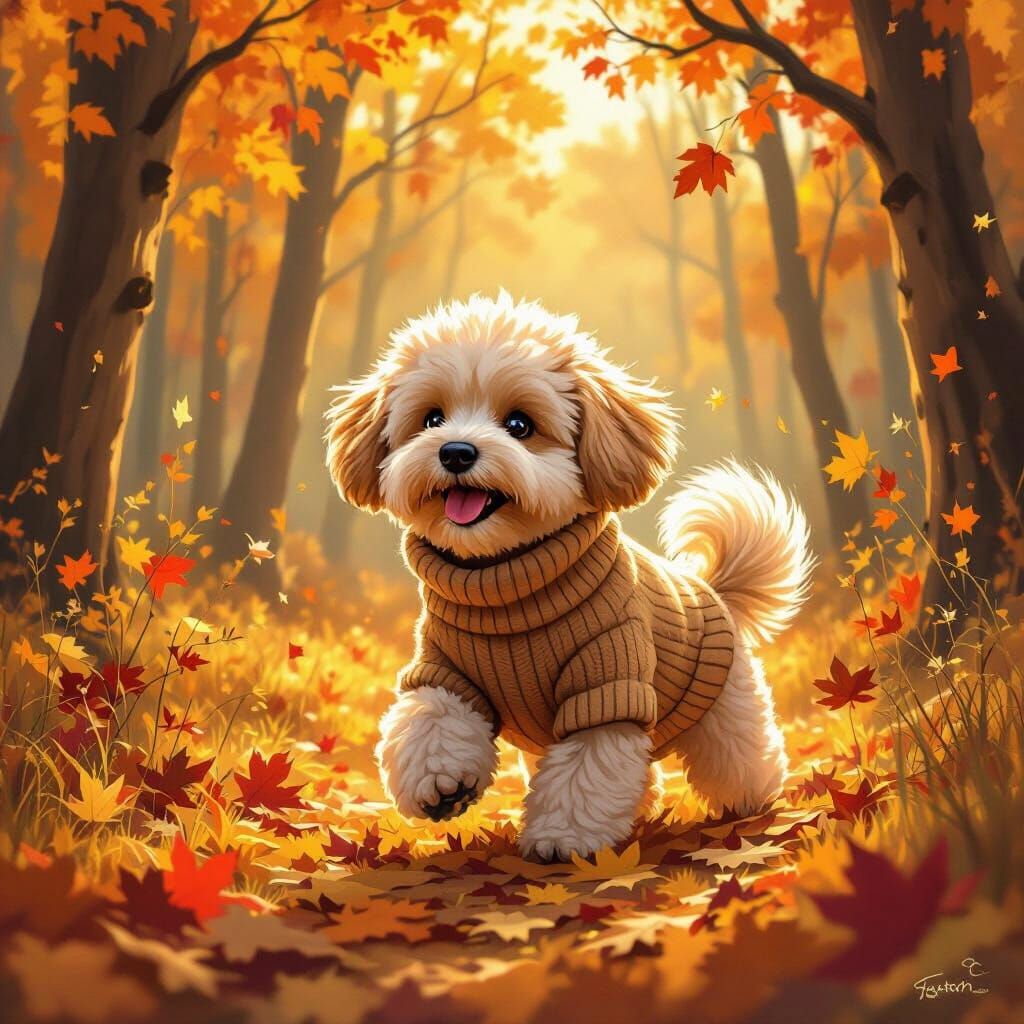 Dog in Autumn Forest Inspired by Loish and Gurney
