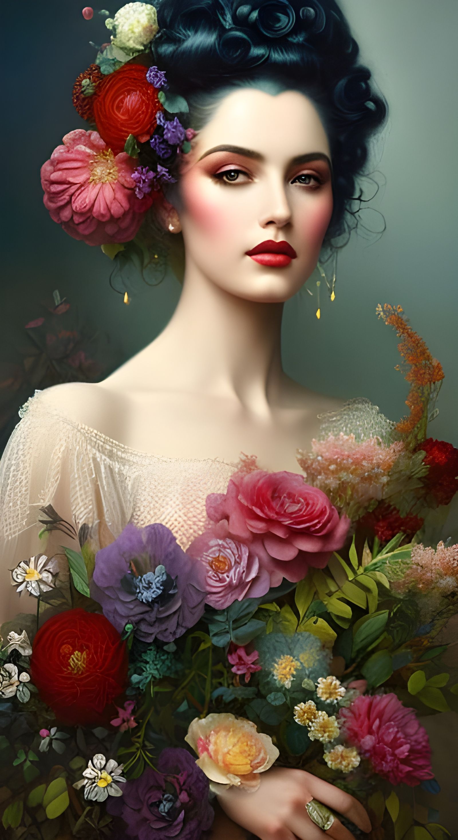 Floral Pin-Up Portrait in Rococo Fantasy Style
