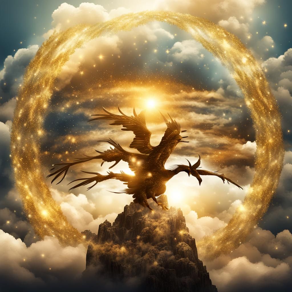 Golden Sky Eagle Soaring Through Crystal Clouds