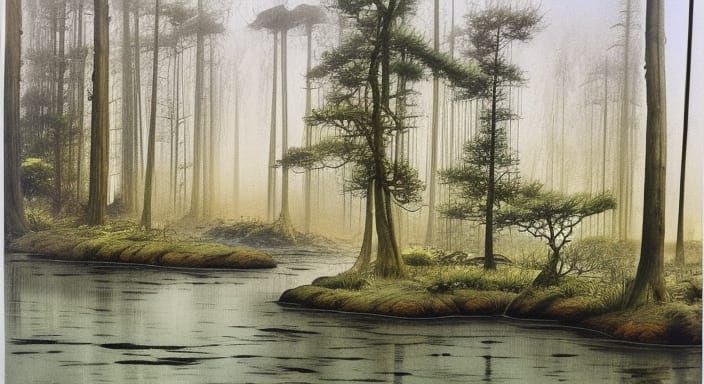 Brook Through Forest in Chinese Ink Wash