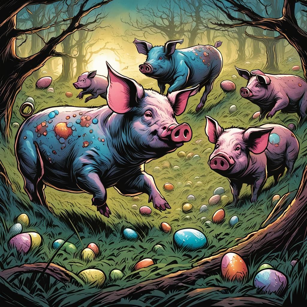 Pigs Hunting Easter Eggs in Comic Book Style