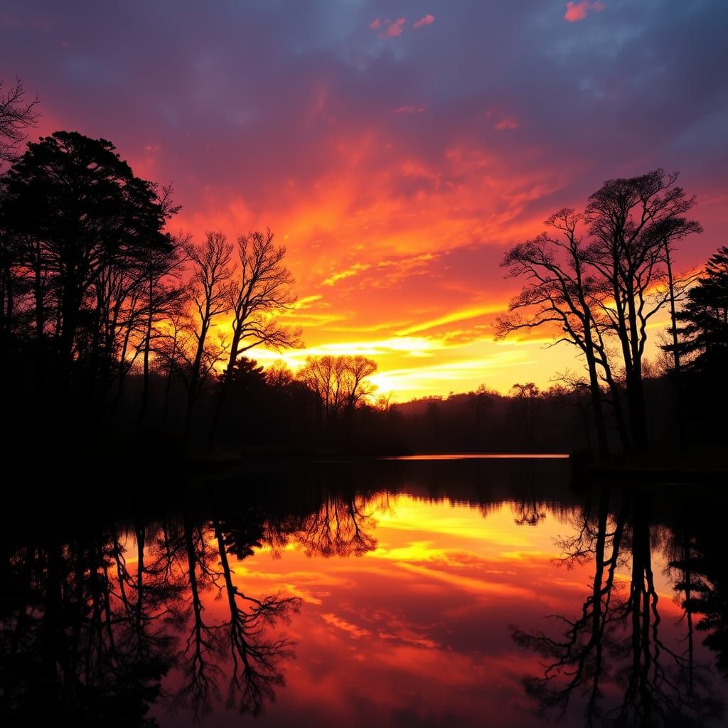 Majestic Trees Silhouetted Against Vibrant Sunset Reflection...