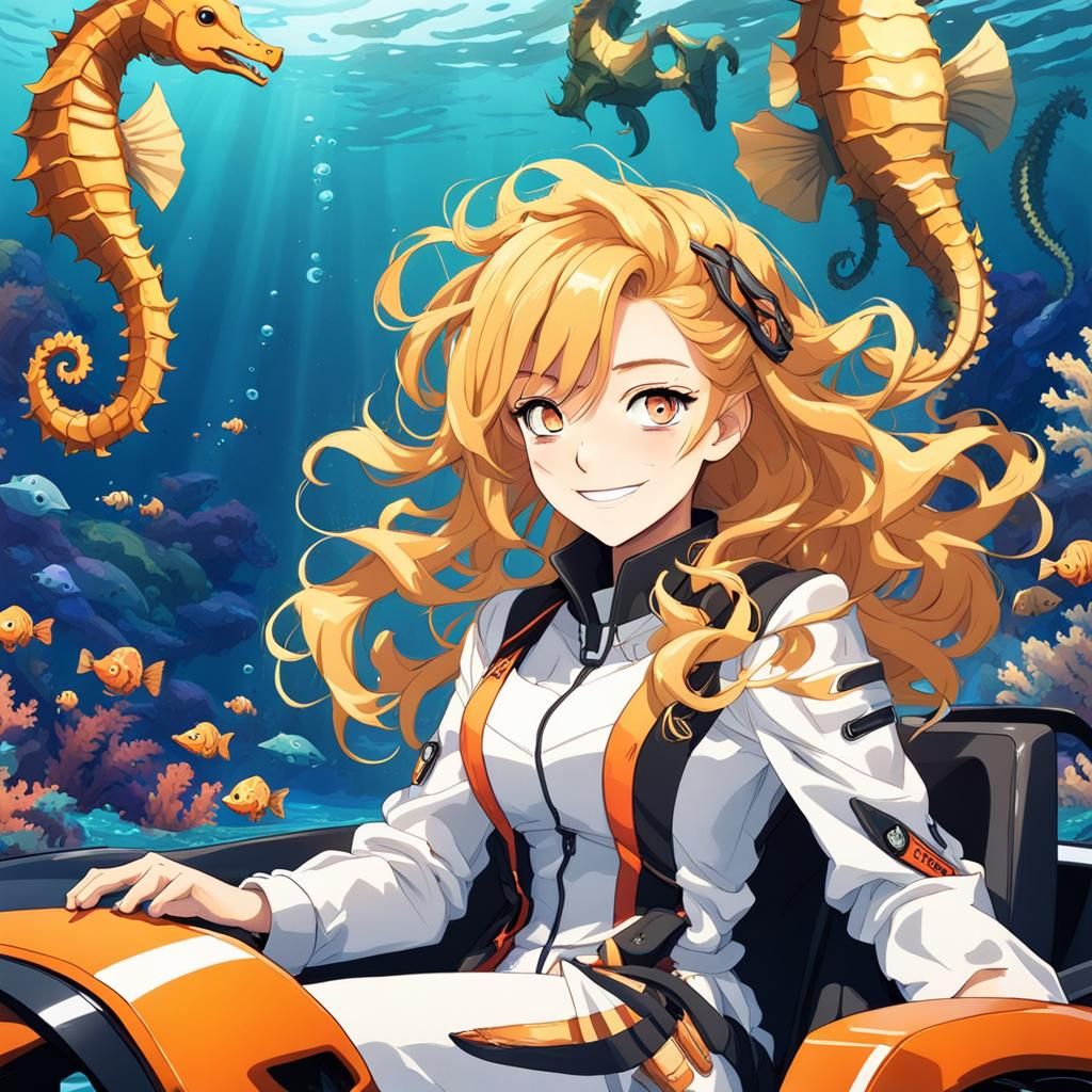 Anime Girl in Seaweed Coat Races Underwater