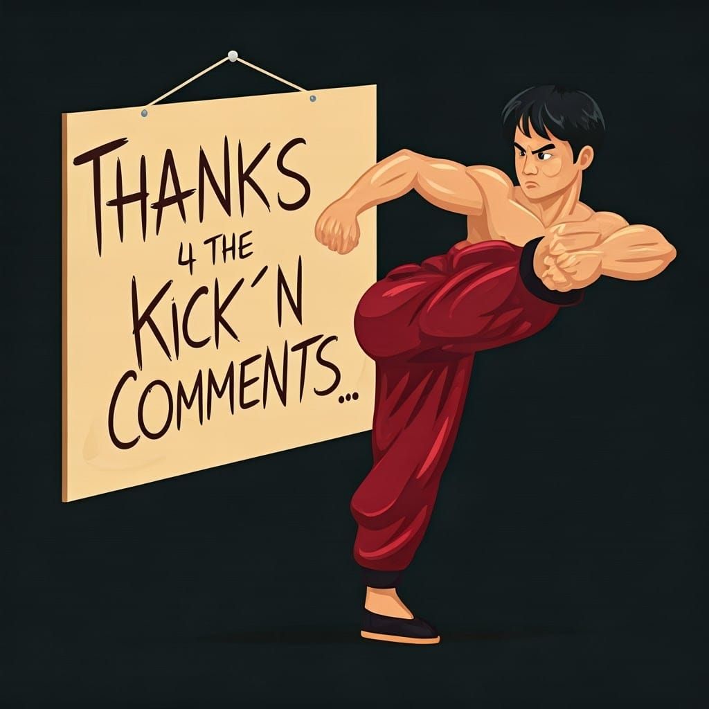 Kung-fu Master Kicks Sign that Says Thanks