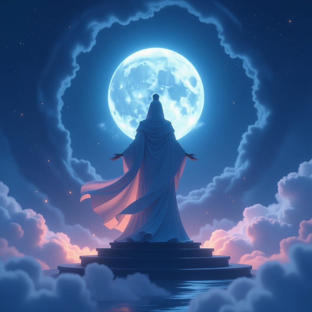Moonlit Statue in Cosmic Vortex