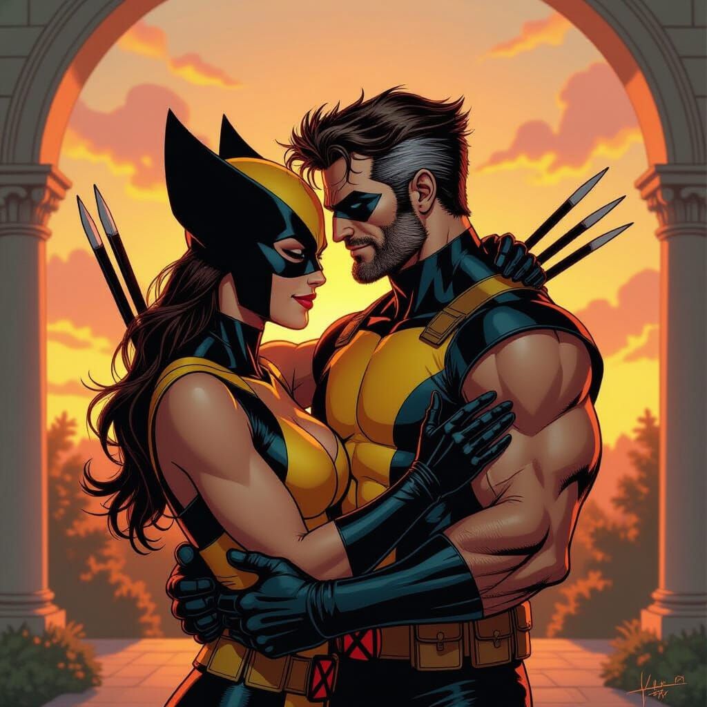 Romantic Embrace: Wolverine and Cyclops in Comic Book Style