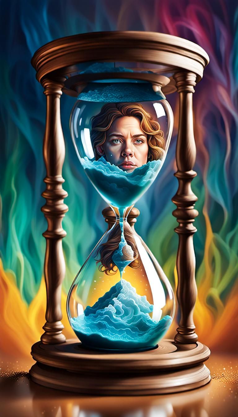 Woman Trapped in Hourglass: Hyperrealistic Splash Art