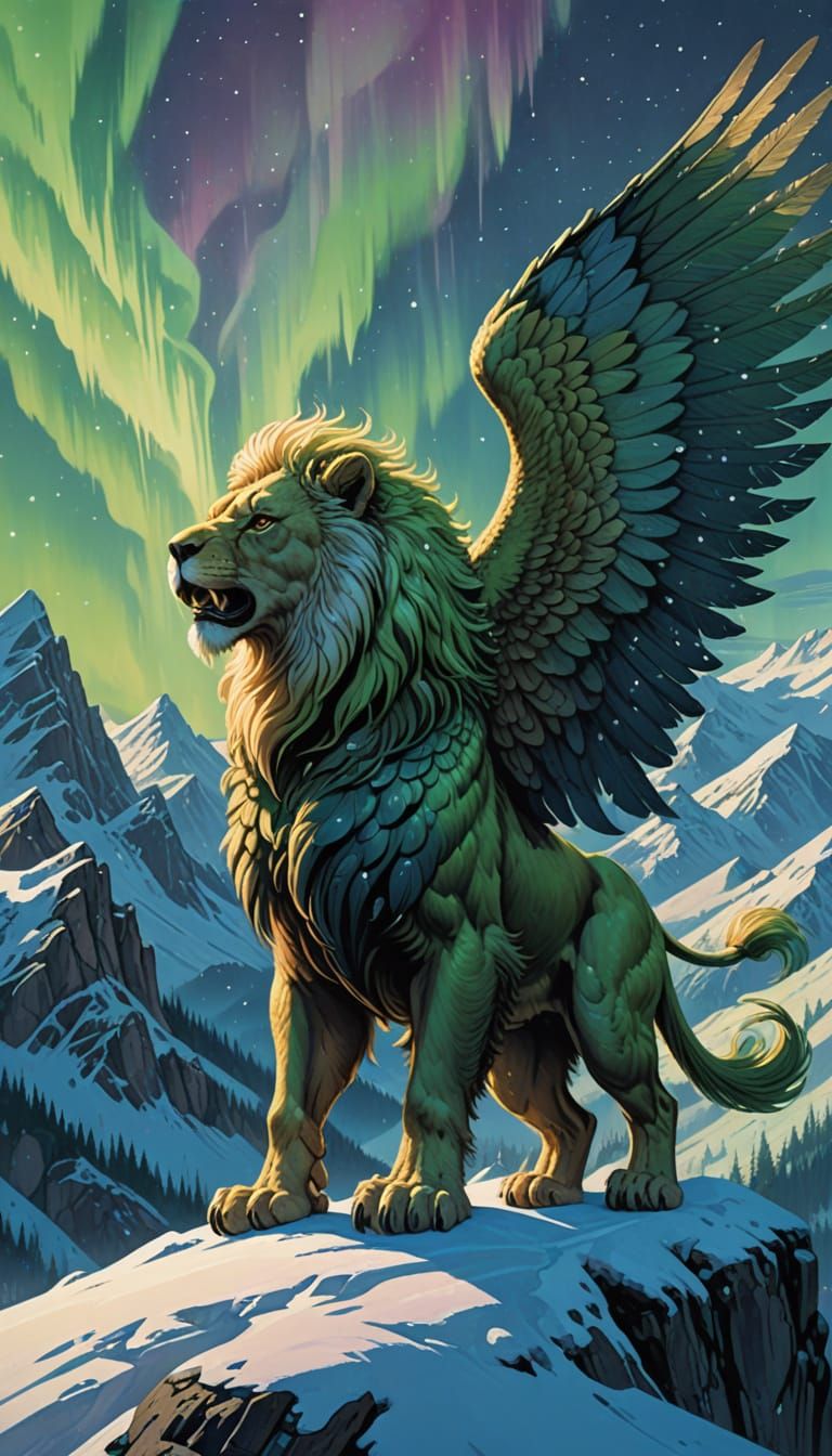 Majestic Griffin Soars Amidst Aurora's Ethereal Glow
