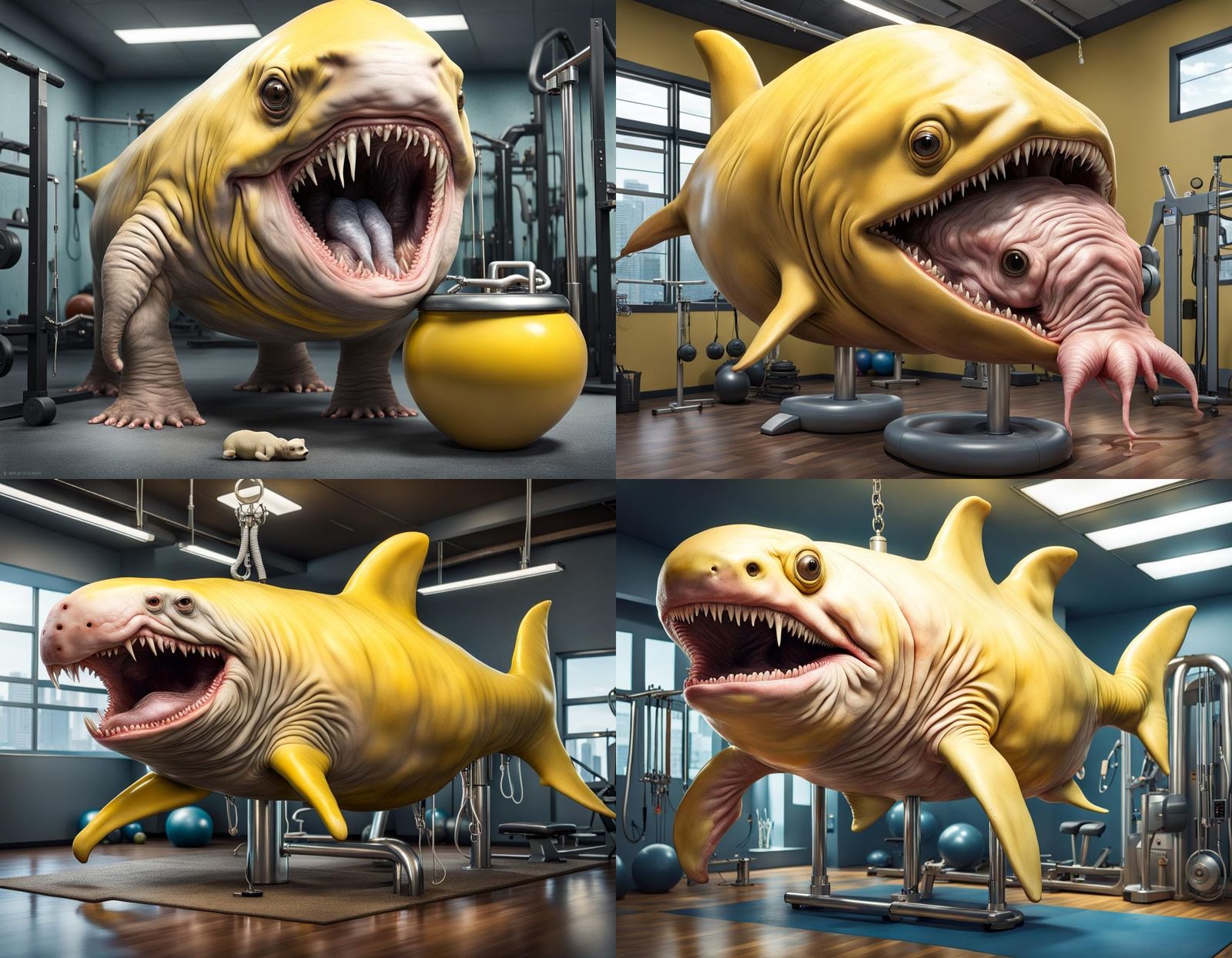 Hyperrealistic Sharkhorse Creature in a Gym