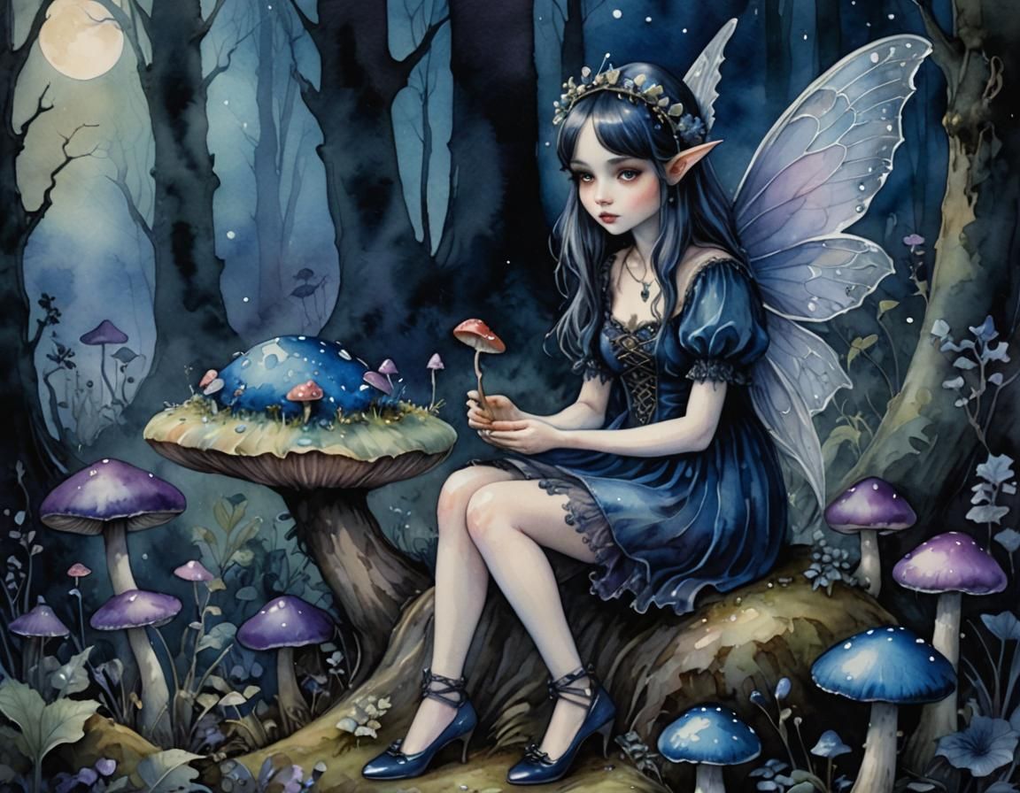 Gothic Watercolor Fairy on Toadstool in Moonlight