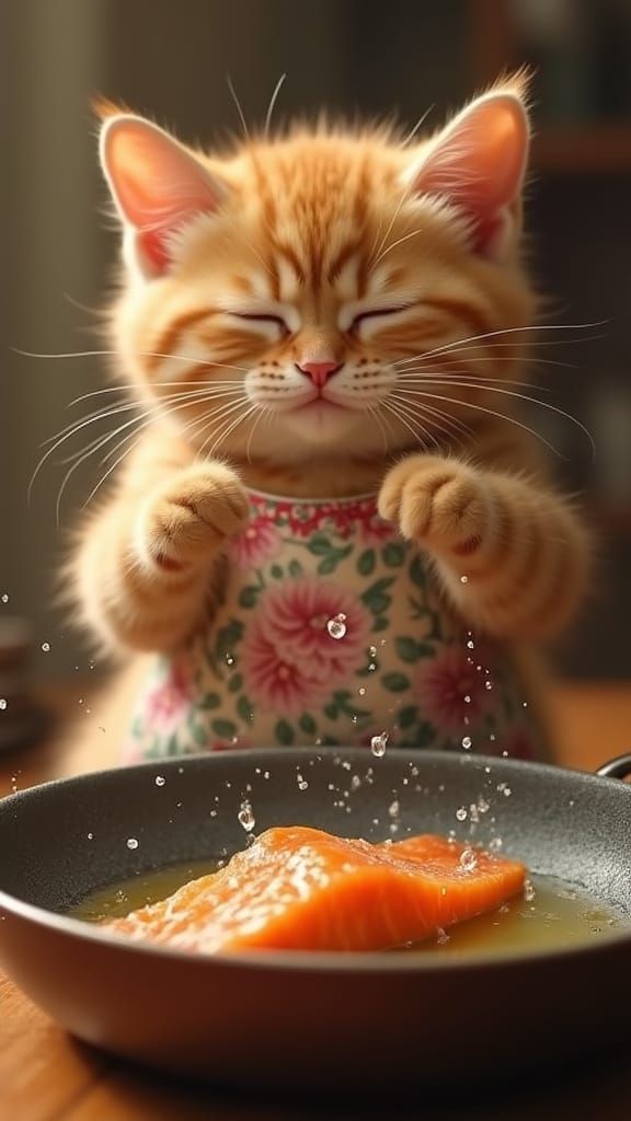 Cat Chef Frightened by Sizzling Fish