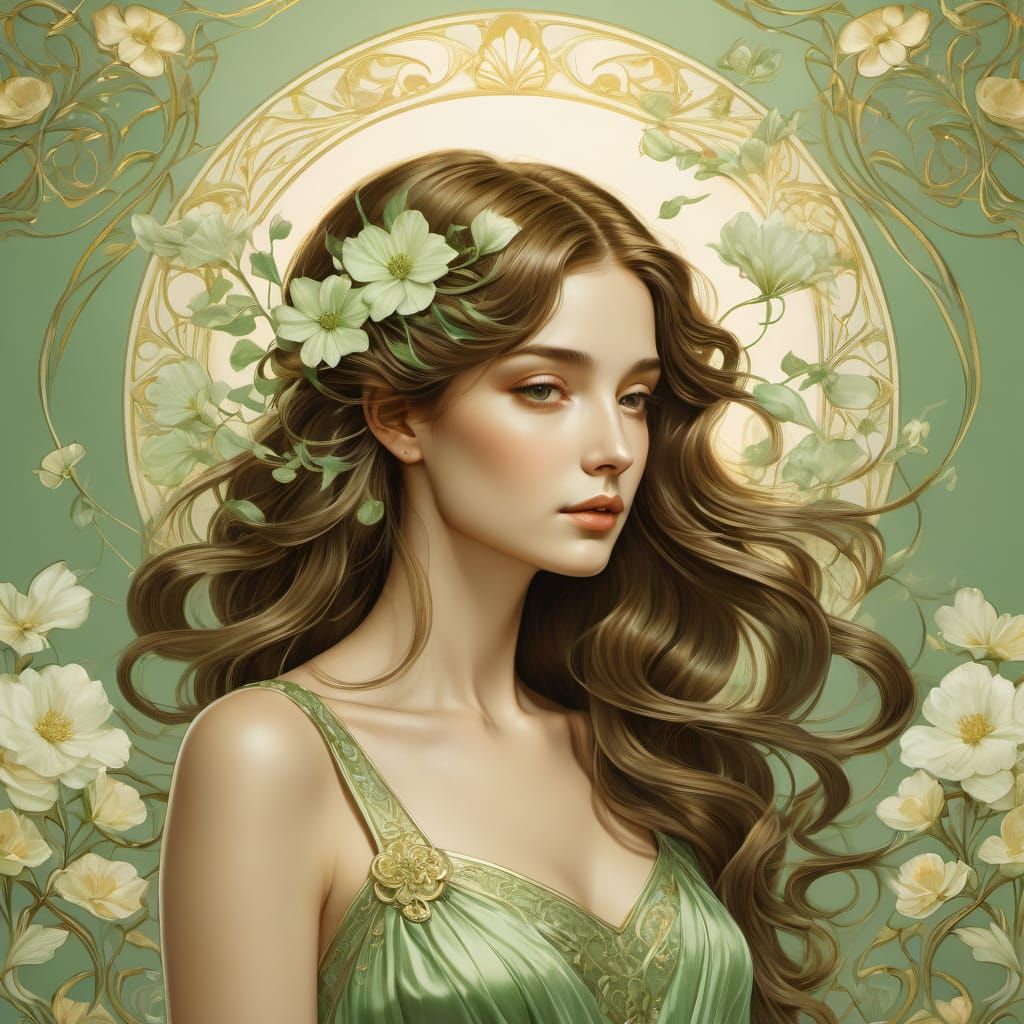 Elegant Woman in Art Nouveau Style with Floral Details