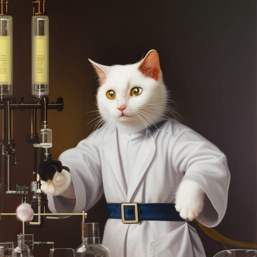 Evil Cat Mad Scientist Portrait in Laboratory