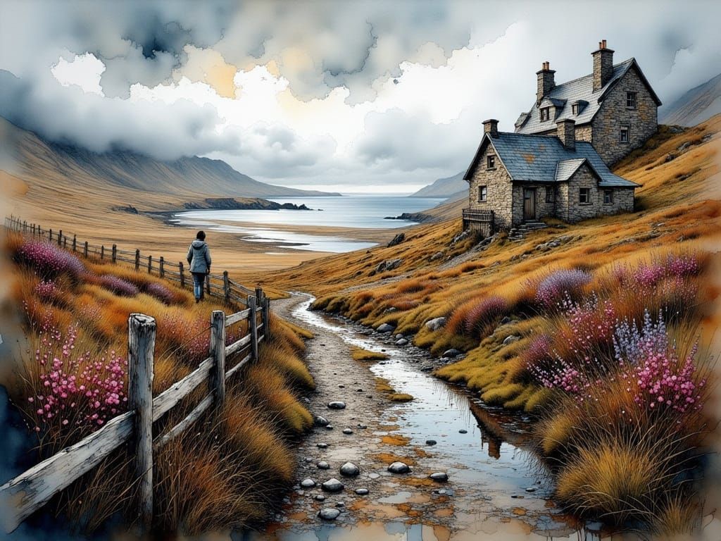 Ink Wash Painting of Scottish Landscape