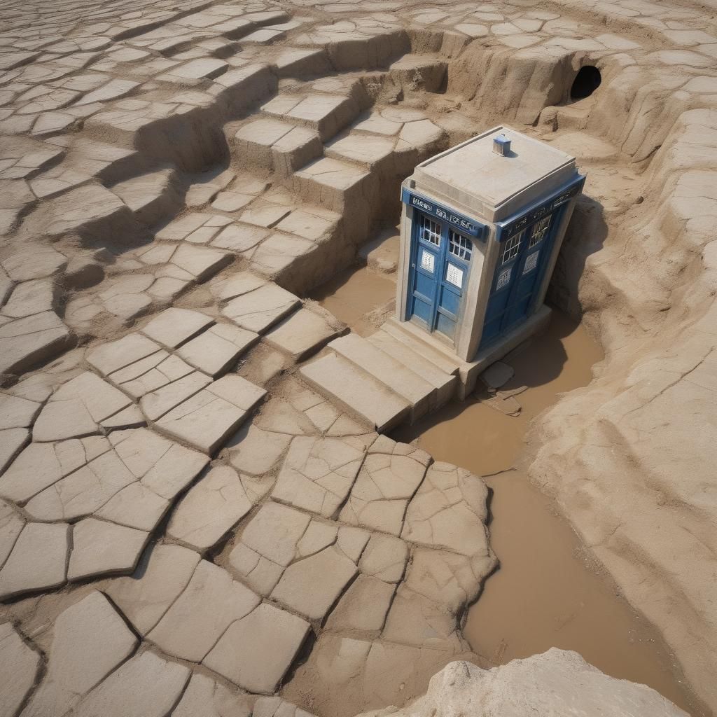 Cracked Tardis Sculpture in Desert Environment