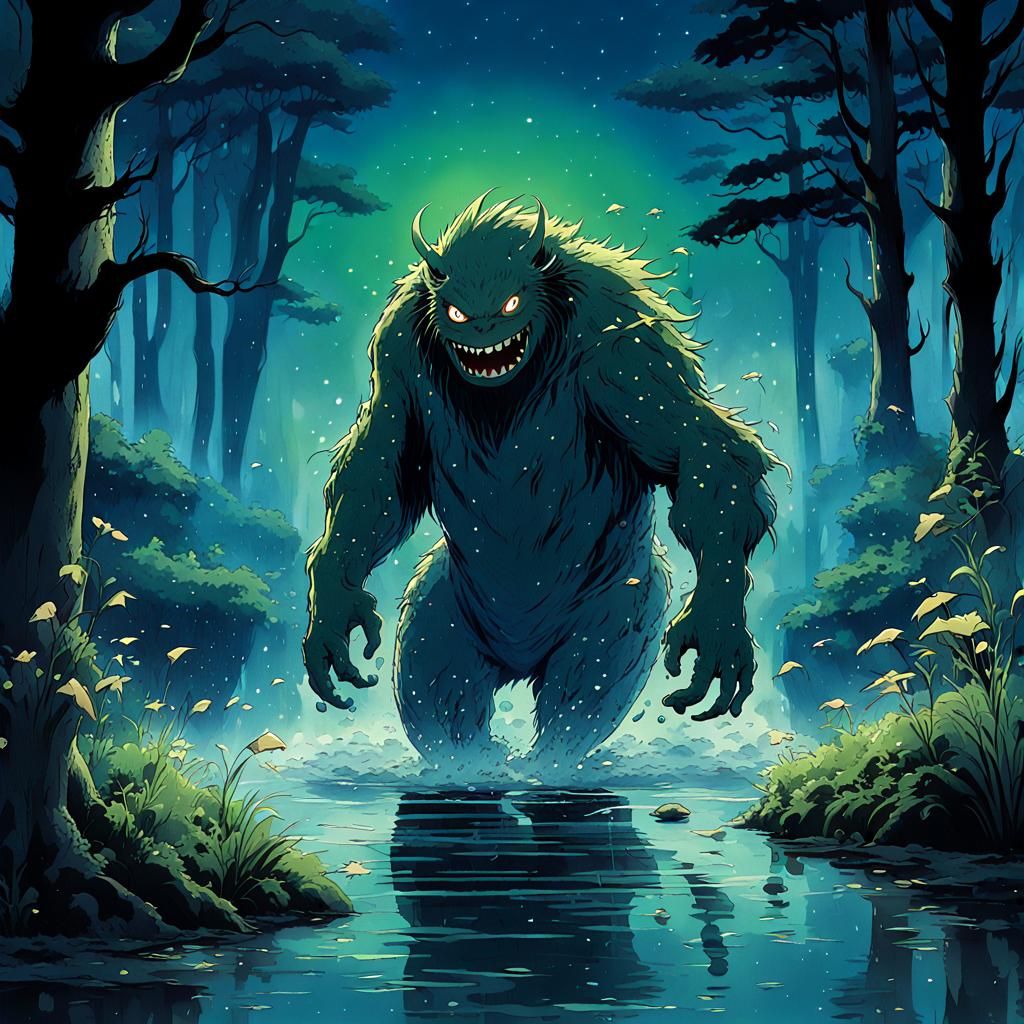 Moonlit Swamp Monster in Studio Ghibli Style