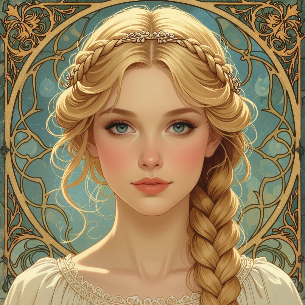 Golden Braided Crown: Art Nouveau Portrait
