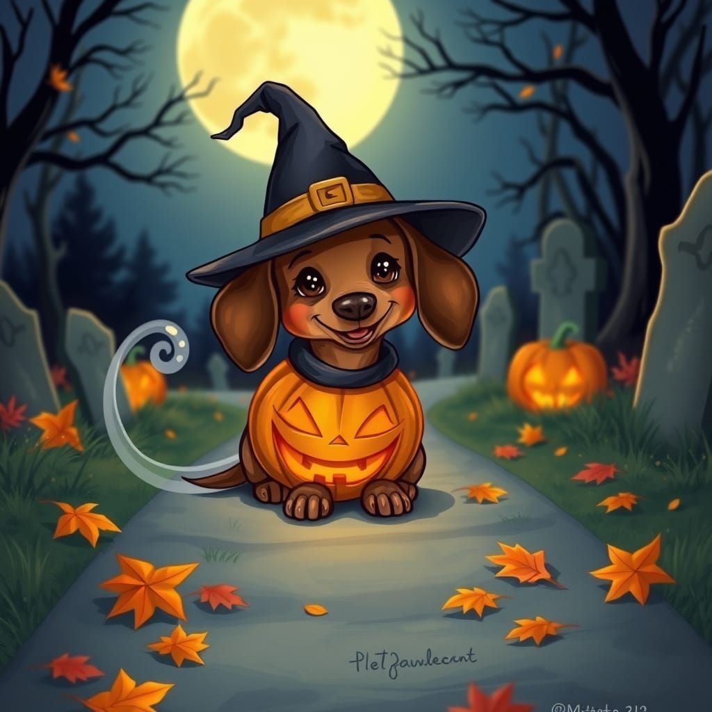 Cute Dachshund in Witch Hat & Pumpkin Costume