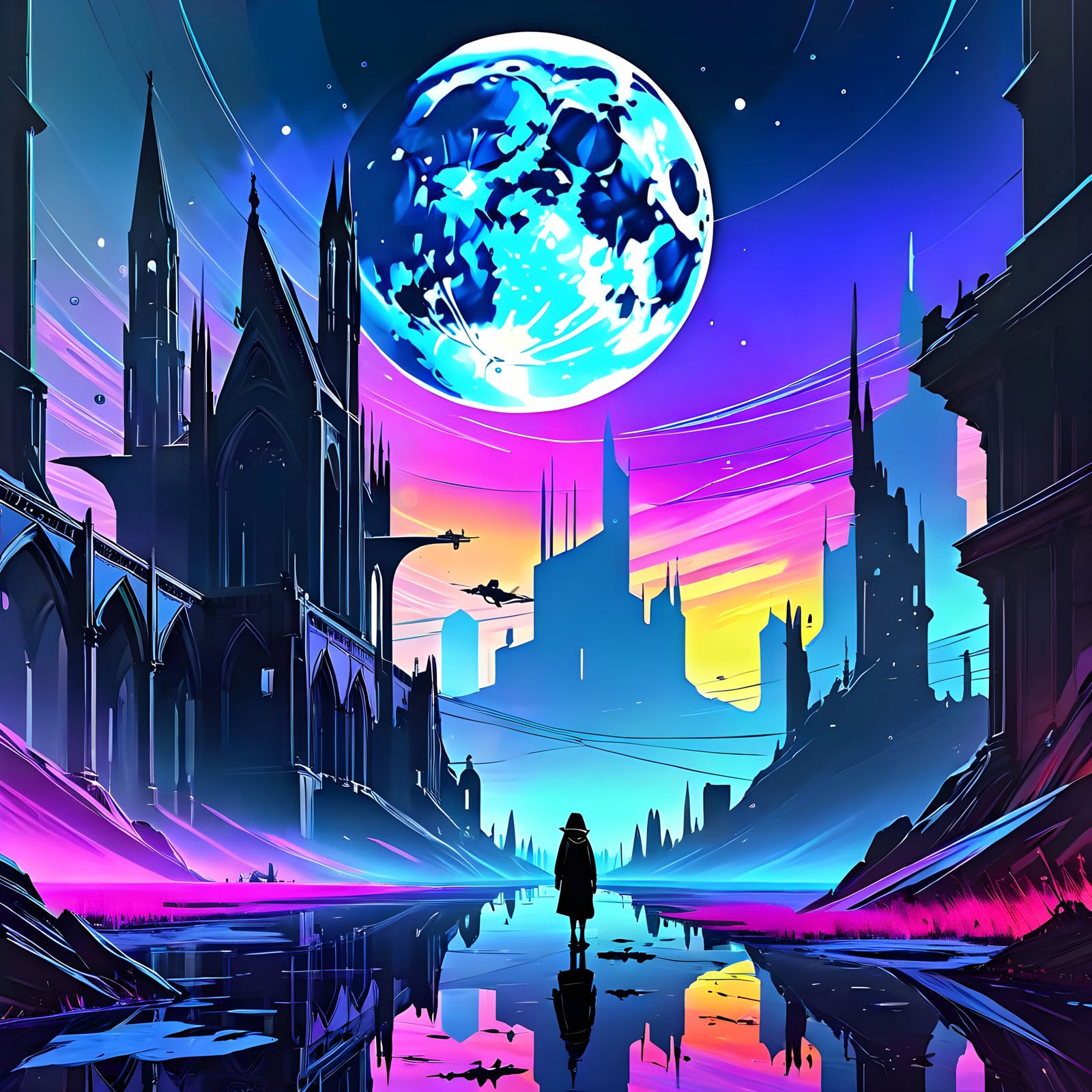 Gothic Synthwave Moonscape in Vibrant Acrylic Colors