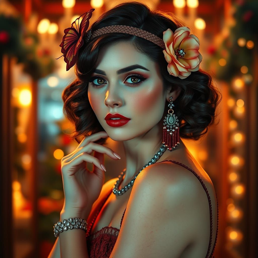 Flapper Portrait in Watercolor Art Nouveau Style