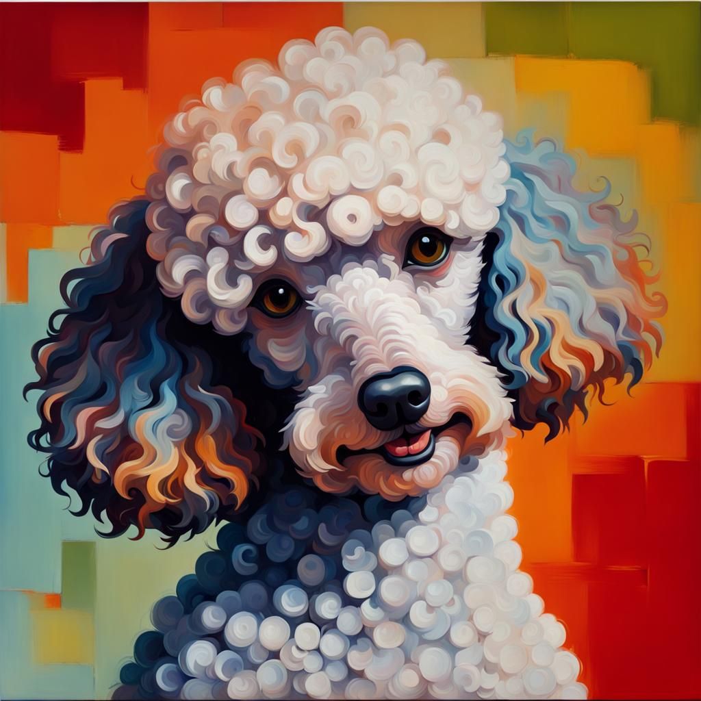 Poodle in love neo-impressionism oil painting, impasto , soft brushstrokes, colorful intricately detailed artwork detail...