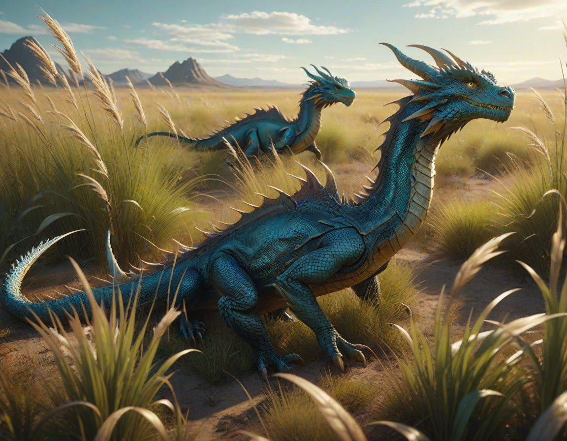 Emerald Blue Grass Dragons in Warm Golden Light