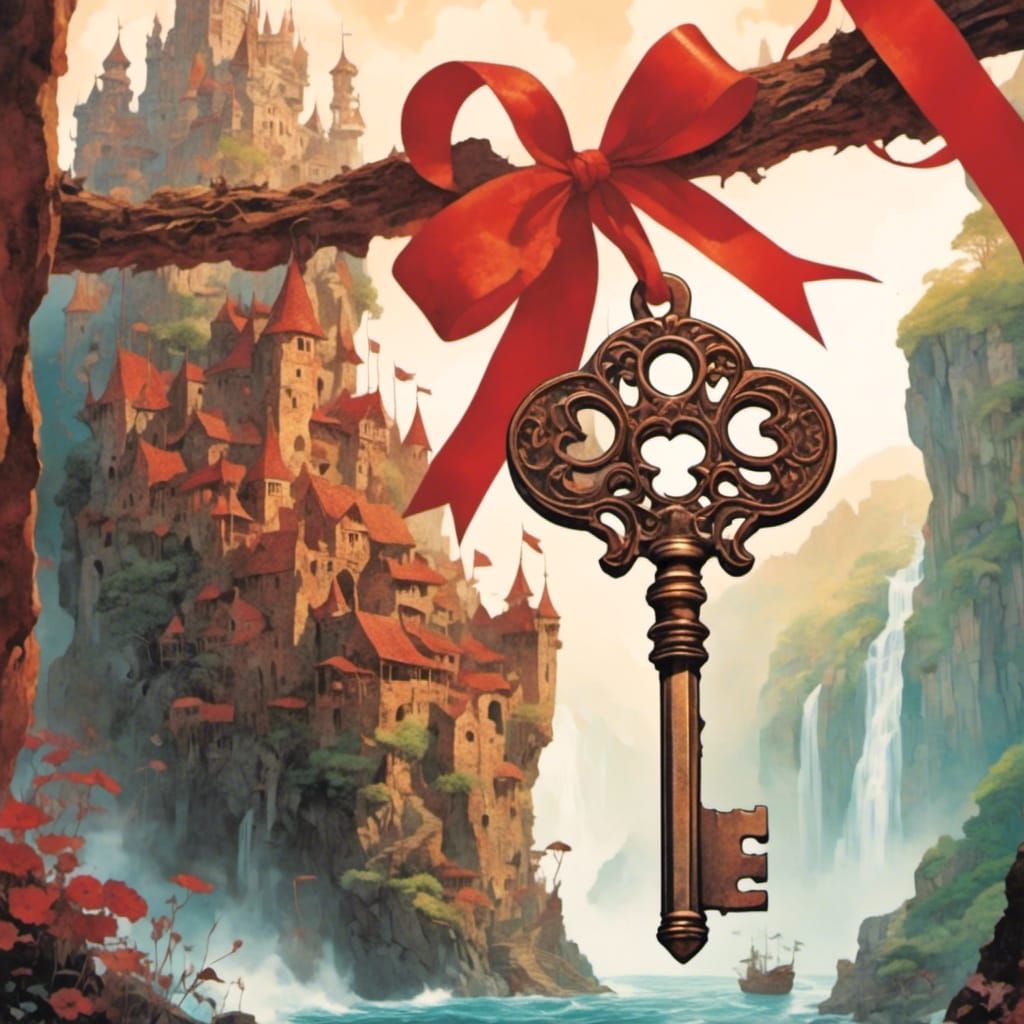 Rusted Key Hanging from Red Ribbon: Fantasy Collage
