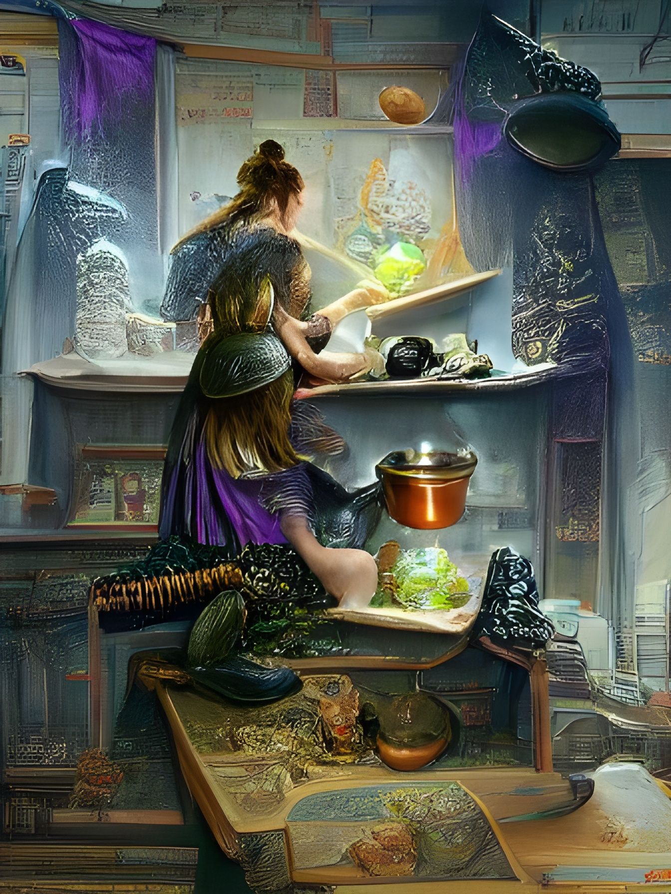 witch crafting spells in her kitchen with frogs, books, mortar and pestle, crystals, herbs | fantasy holographic ferdina...