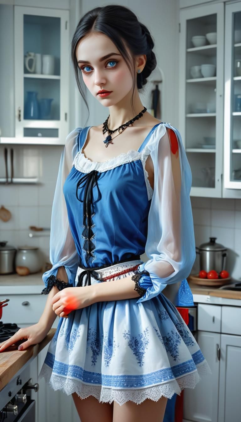 feminine Ukrainian gothic lady in kitchen , blue , white,