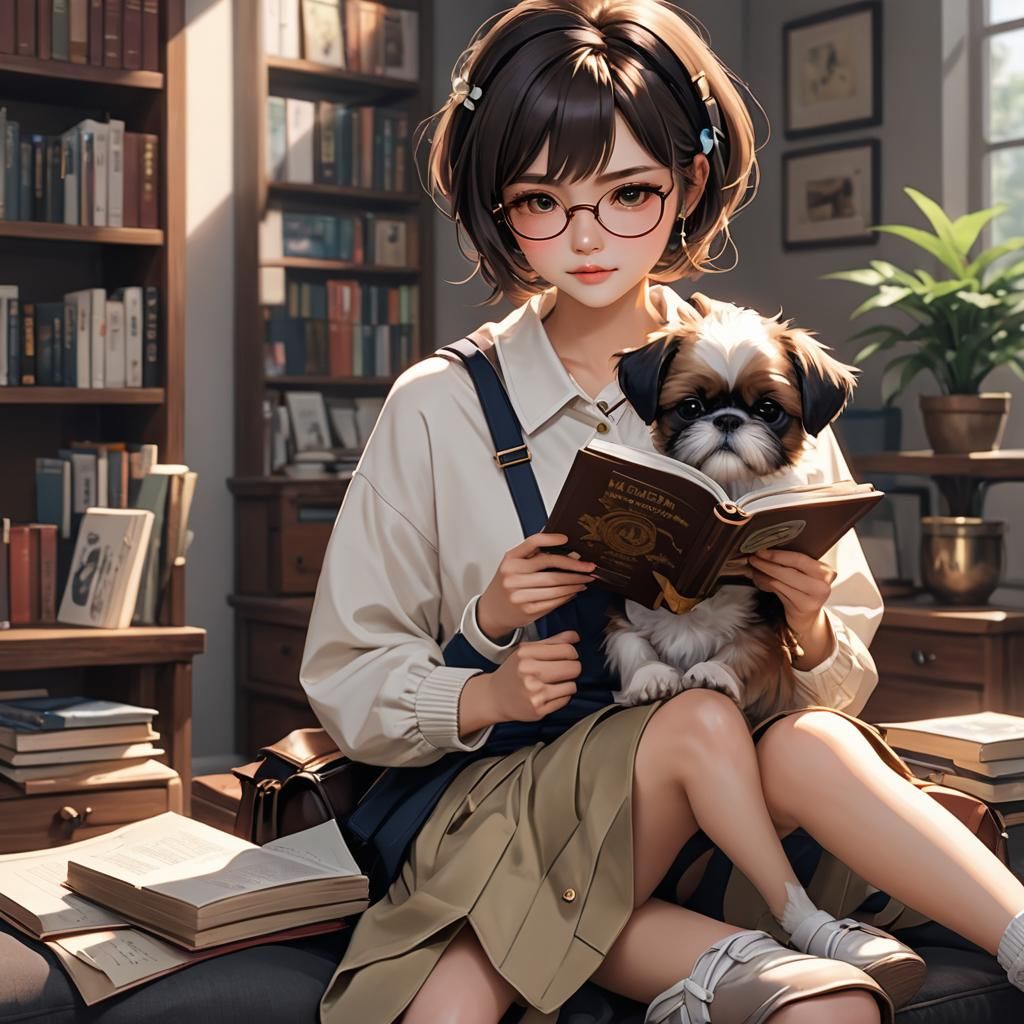 Bronze Skinned Girl Reading with Shih Tzu: Anime Art