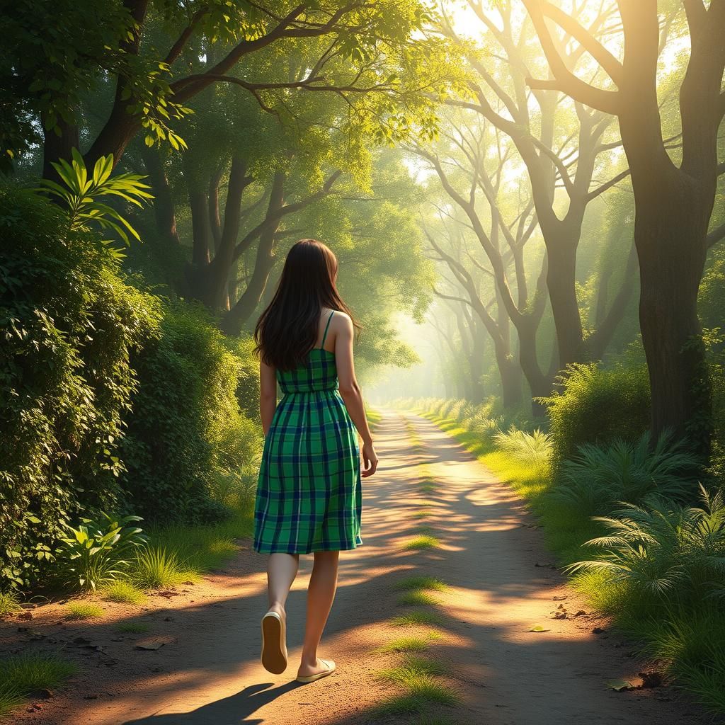 Woman in Plaid Dress on Dirt Road: 3D Anime Art