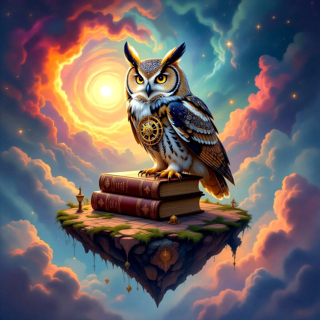 Clockwork Owl on Floating Book Island in Cosmic Nebula