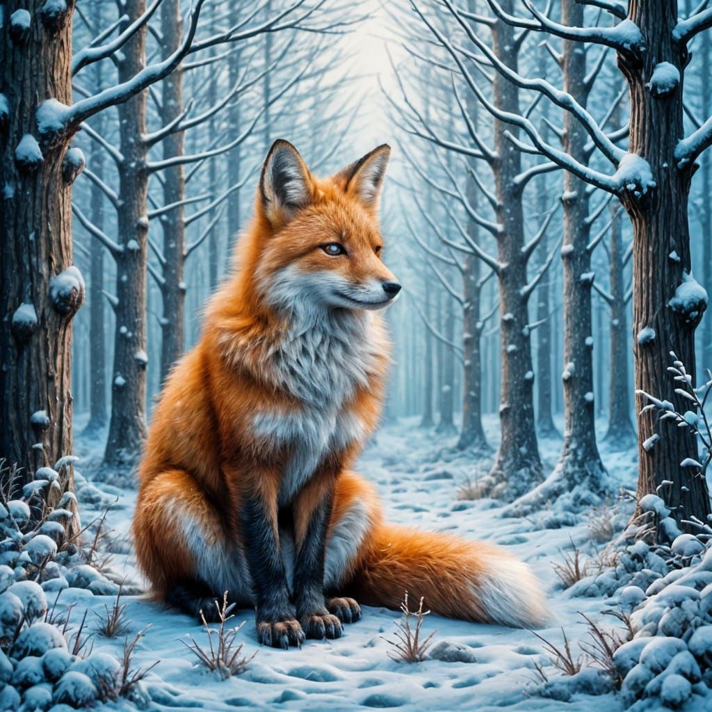 Fox in Snowy Forest: Detailed Matte Painting