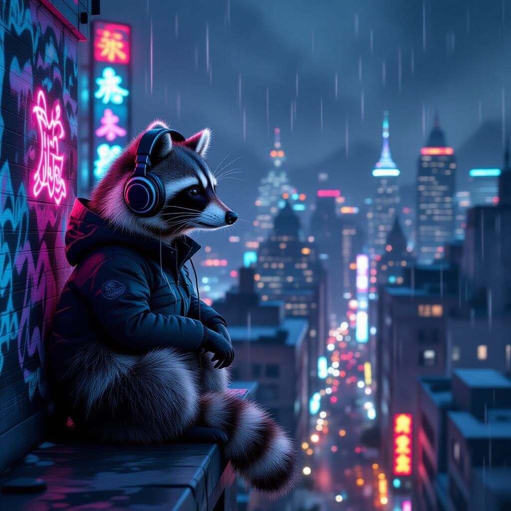 Raccoon Contemplates Cityscape at Night, Digital Art Style