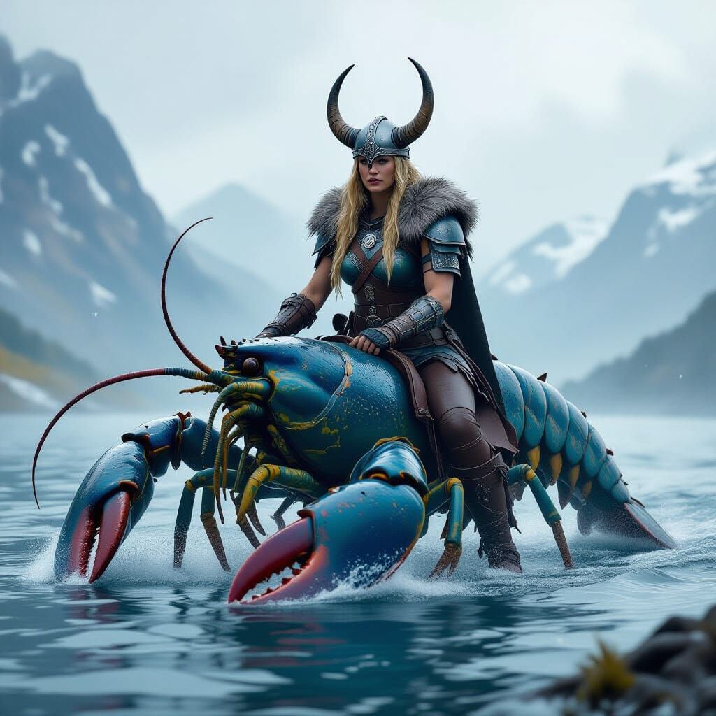 Viking Warrior Rides Blue Lobster Across Fjord