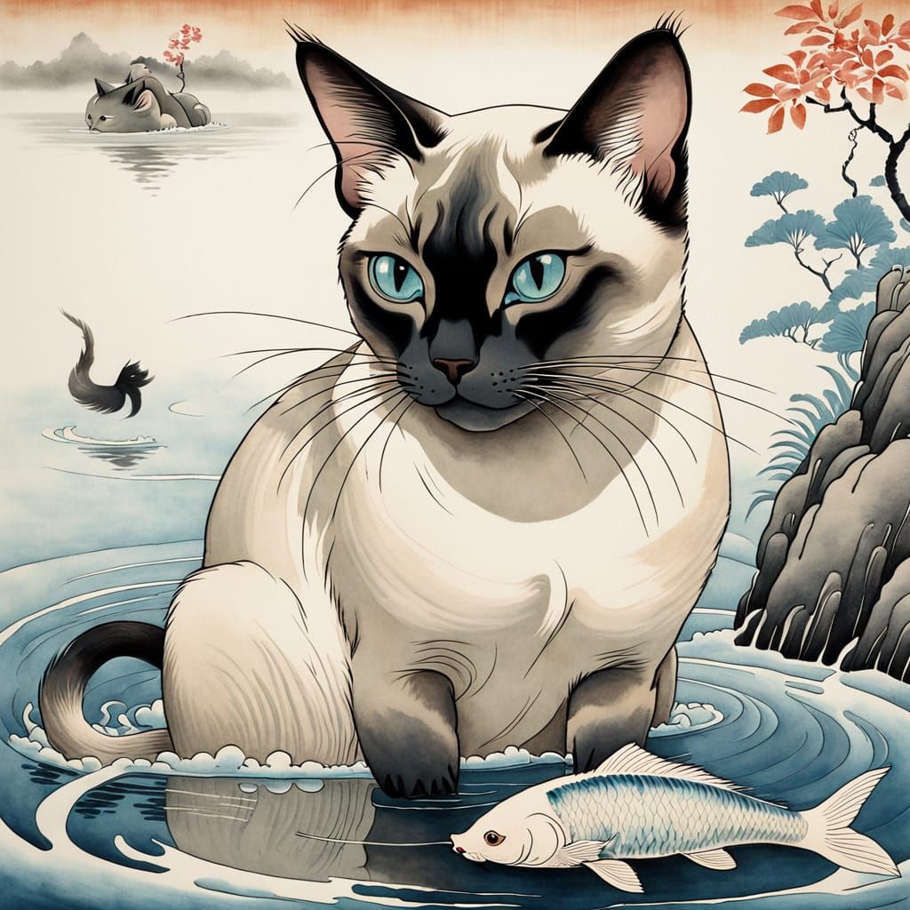 Three-Headed Cat Gazing at Koi Fish in Ukiyo-e Style